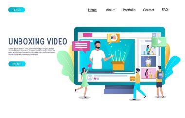 Unboxing video vektör web sitesi açılış sayfası tasarım şablonu