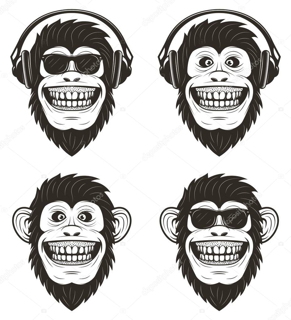 Funny music monkey set, vector hand drawn illustration