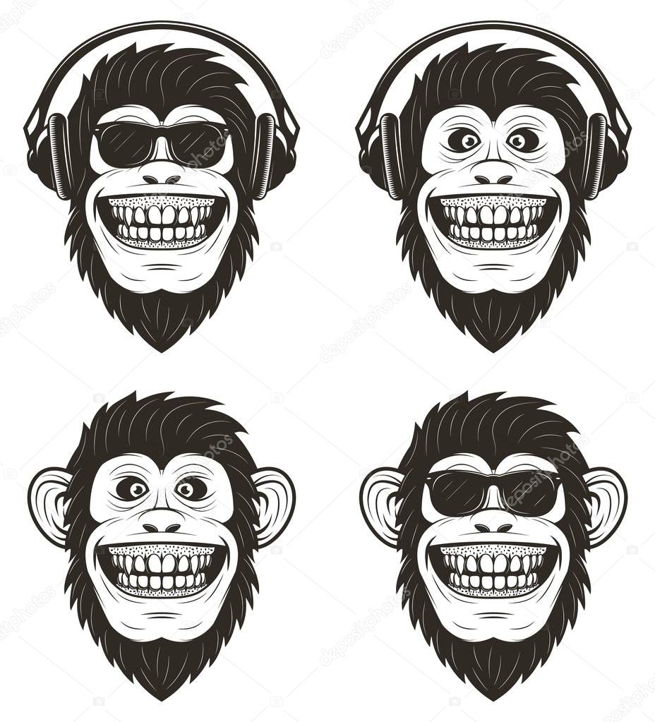 Funny music monkey set, vector hand drawn illustration isolated on white background. Smiling monkeys with headphones and sunglasses.