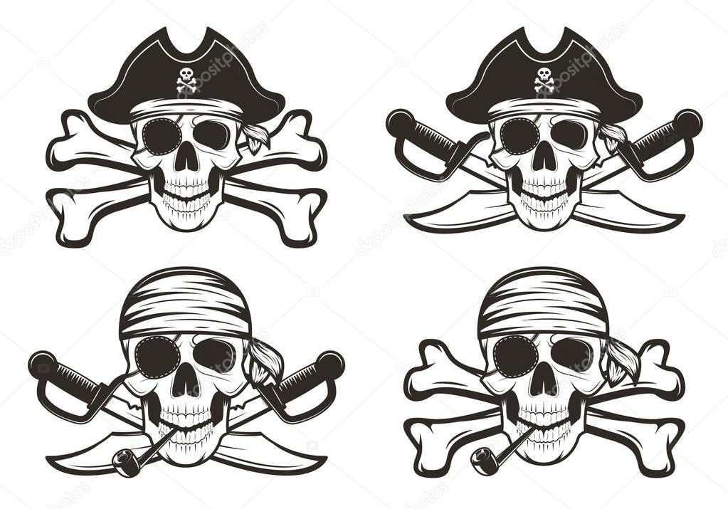 Pirate skull set vector hand drawn illustration