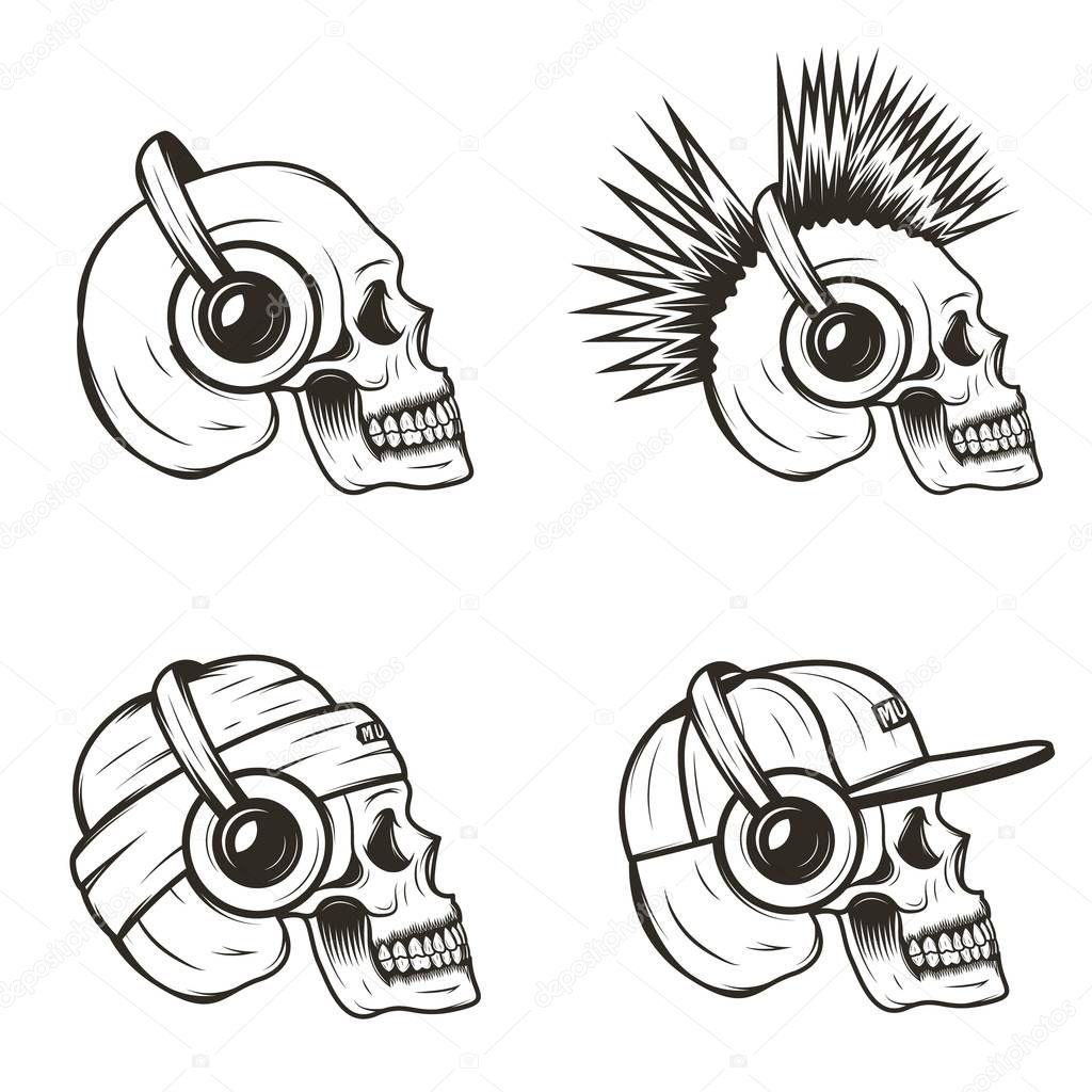 Music skull side view set, vector hand drawn illustration isolated on white background. Human skull with iroquois, wearing hat and cap listening to music using headphones.