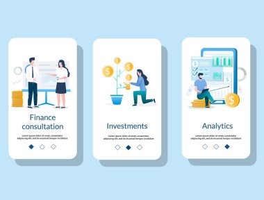 Finans yönetimi mobil uygulama ekranları vektör şablonu onboarding