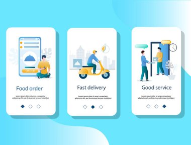 Gıda teslimat mobil uygulama onboarding ekranlar vektör şablonu