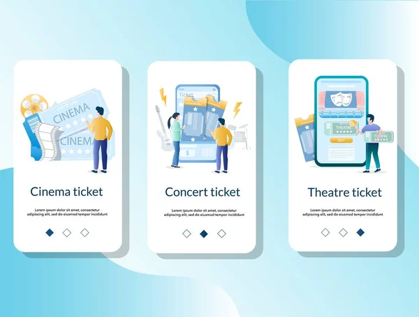 Bilhetes aplicativo móvel onboarding telas modelo de vetor — Vetor de Stock