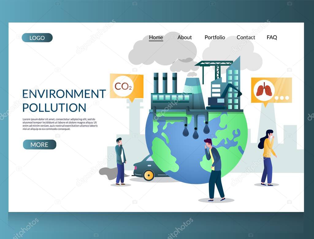 Environment pollution vector website template, web page and landing page design for website and mobile site development. People choking with toxic smoke dust and carbon dioxide gas. Ecology concept.
