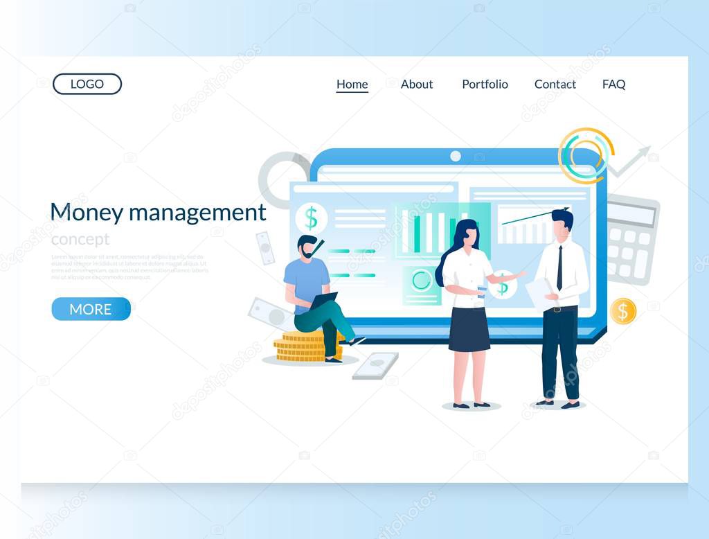 Money management vector website template, web page and landing page design for website and mobile site development. Budget planning and controlling.