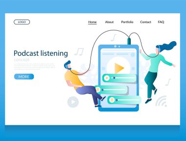 Podcast dinleme vektör web sitesi açılış sayfası tasarım şablonu