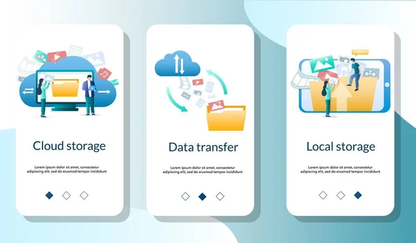 Molnlagring mobil app onboarding skärmar vektor mall — Stock vektor