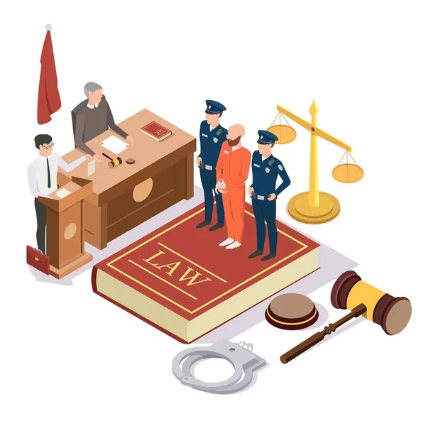 Recht und Gerechtigkeit isometrisches Vektorkonzept Illustration — Stockvektor