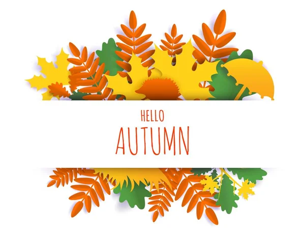 Bonjour Carte d'automne typographie de lettrage à la main, illustration de coupe de papier vectoriel — Image vectorielle