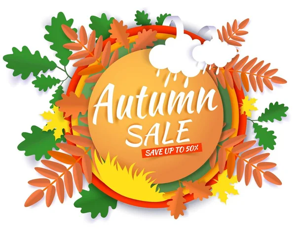 Banner de promoción de venta de otoño, cartel, ilustración de corte de papel vectorial — Archivo Imágenes Vectoriales