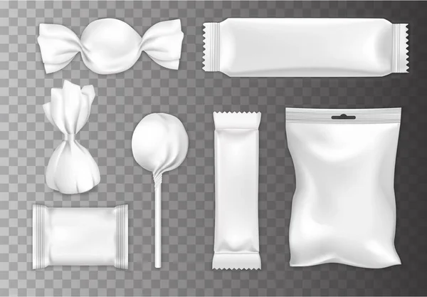 Schokoladen- und Bonbonverpackung, weißes Mockup-Set, vektorisolierte Illustration — Stockvektor