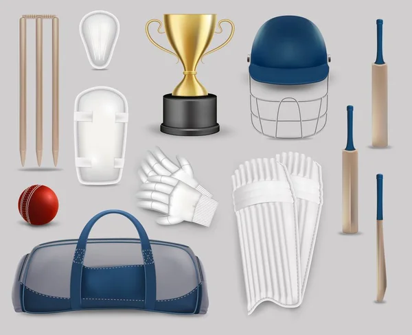 Set di attrezzature per giochi di cricket, illustrazione isolata vettoriale — Vettoriale Stock