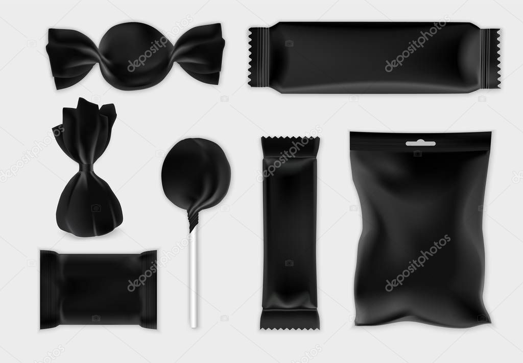 Chocolate and candy packaging black mockup set, vector isolated illustration