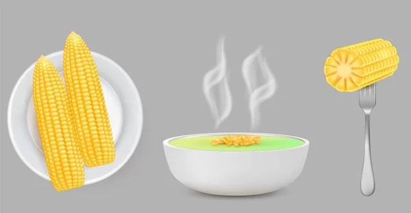 Conjunto de alimentos de maíz, ilustración aislada realista vector — Vector de stock