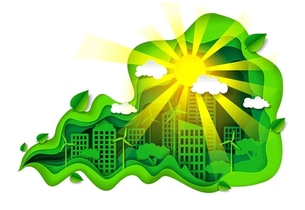 Eko zielone miasto, ilustracja wektorowa w stylu sztuki papieru — Wektor stockowy