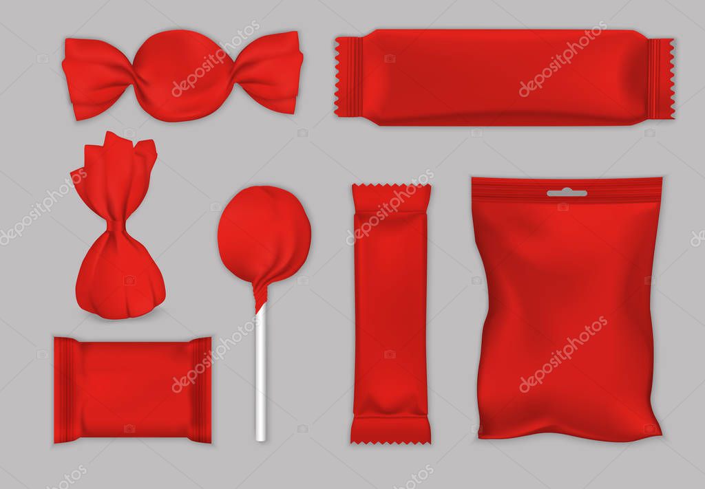 Download Chocolate And Candy Packaging Mockup Set Vector Isolated Illustration Realistic Red Blank Plastic Foil Food Snack Storage Bags Chocolate Bar And Candy Wrappers Premium Vector In Adobe Illustrator Ai Ai PSD Mockup Templates