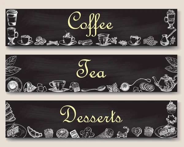 Koffie, thee en desserts vector banner sjabloon instellen — Stockvector