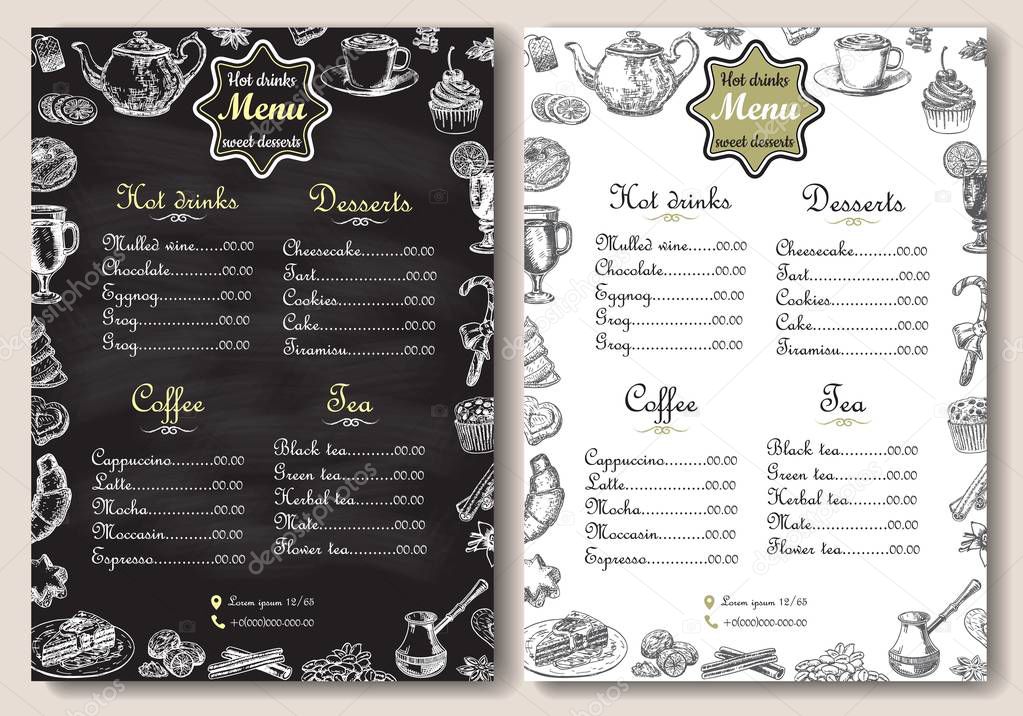 Hot drinks and sweet desserts A4 menu vector template