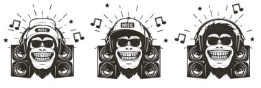 Komik müzik maymun seti, vektör el çizilmiş illüstrasyon