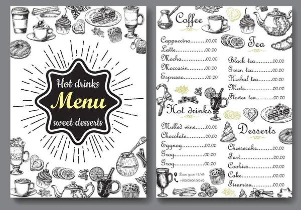 Hot drinks and sweet desserts A4 menu vector template — Stock Vector