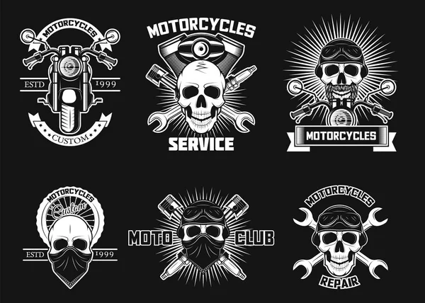 Logotipos de cráneo moto blanco vintage, etiquetas, ilustración aislada vector — Vector de stock