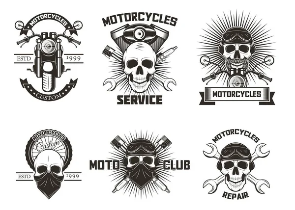 Vintage negro moto cráneo etiquetas, logos vector aislado ilustración — Vector de stock