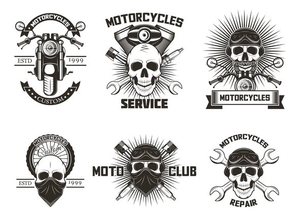 Vintage black moto skull labels, logos vector isolated illustration
