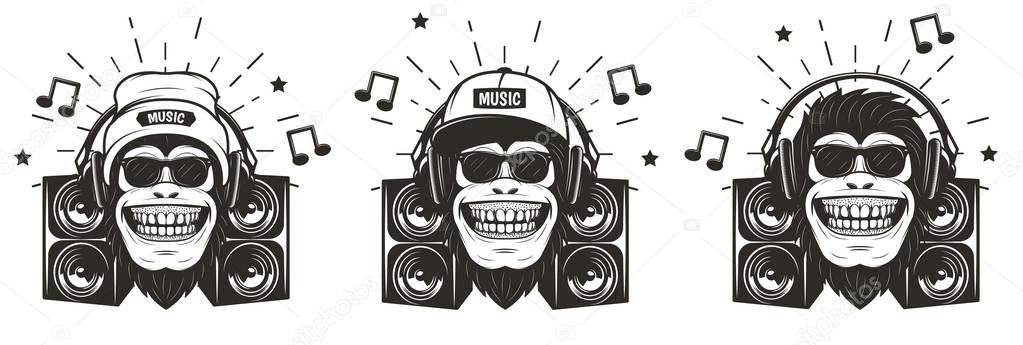 Cool music monkey with headphones set, vector sketch illustration isolated on white background. Funny monkey in sunglasses listening to music. T-shirt graphics.