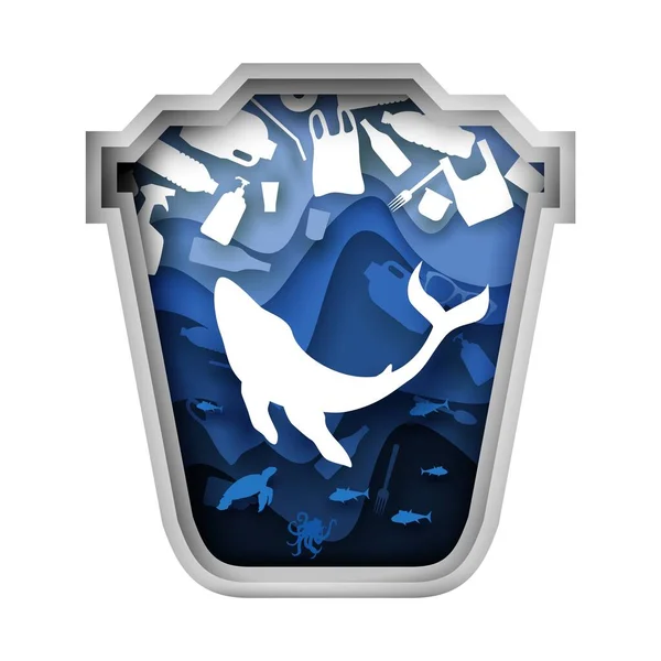Μπλε κάδο απορριμμάτων με φάλαινα και πλαστικά σκουπίδια, διανυσματικό χαρτί κομμένα εικονογράφηση — Διανυσματικό Αρχείο
