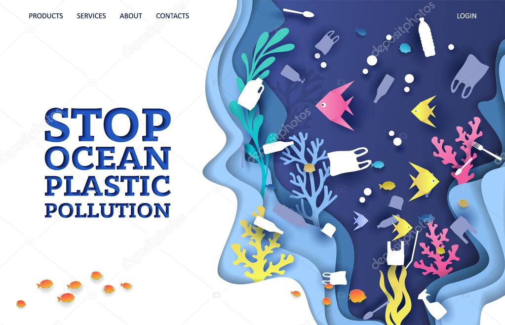 Stop ocean plastic pollution vector website template, web page and landing page design for website and mobile site development. Save water, ecology concept.