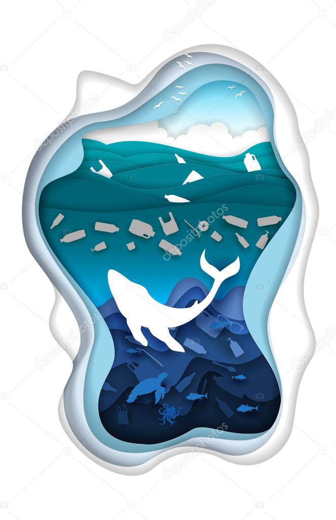 Marine pollution, vector illustration in paper art style