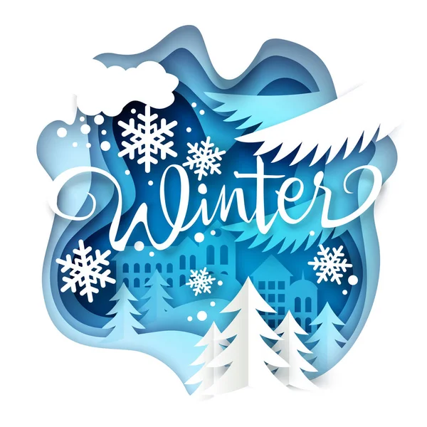 Winter layered paper art style vector illustration — Stock Vector