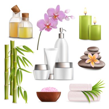 Spa salonu aksesuarları seti, vektör gerçekçi izole resimleme
