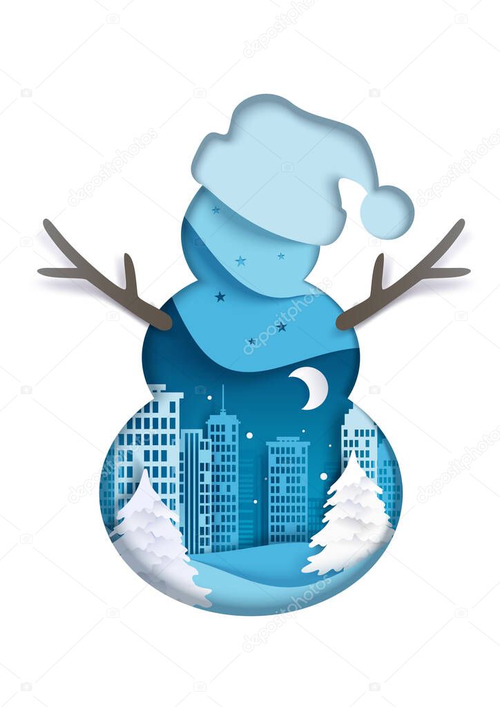 Double exposure vector layered paper cut snowman