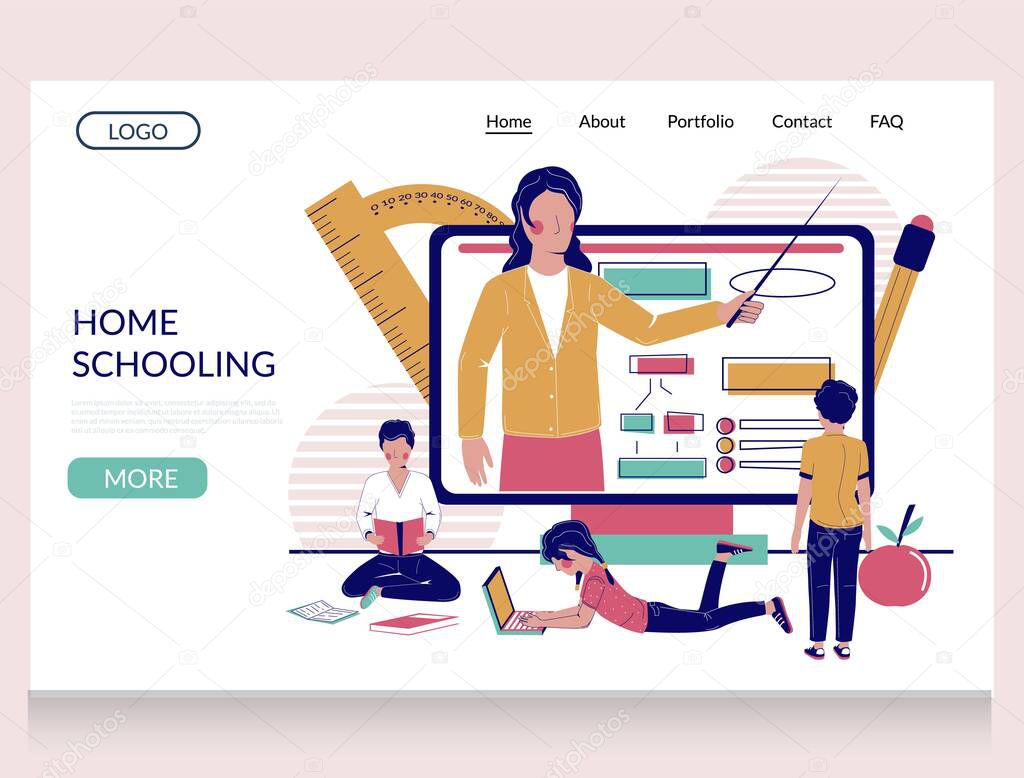 Home schooling vector website template, landing page design for website and mobile site development. Home education, remote learning, online school.