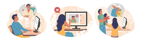 Las personas que utilizan la aplicación de chat de vídeo, vector plano ilustración aislada — Archivo Imágenes Vectoriales