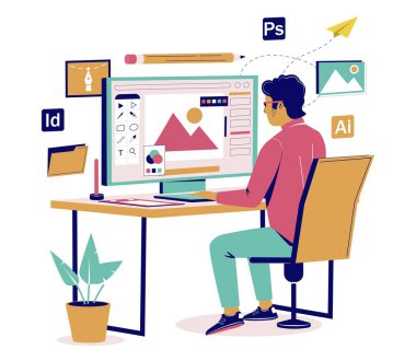 Grafik tasarımcısı çizimini oluşturuyor, vektör düz izometrik illüstrasyon