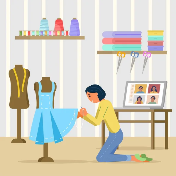 Online sewing masterclass, vector flat style design illustration — 스톡 벡터