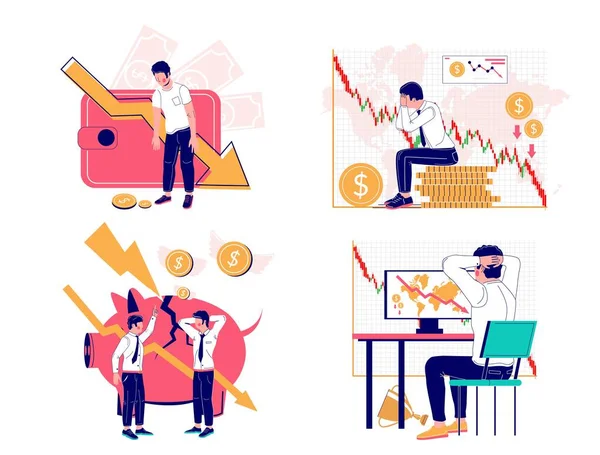 Conjunto de crise financeira, ilustração vetorial plana isolada — Vetor de Stock