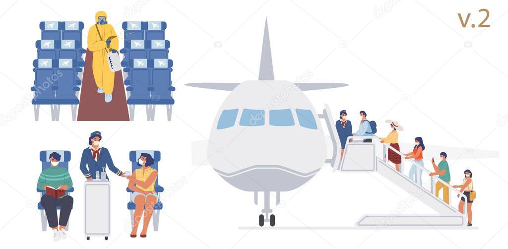 New antiviral flight rules on board, vector flat illustration