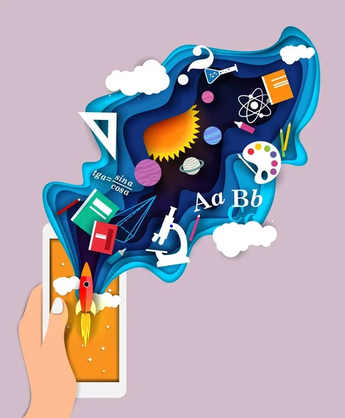 Application d'éducation mobile, illustration vectorielle dans le style d'art papier — Image vectorielle
