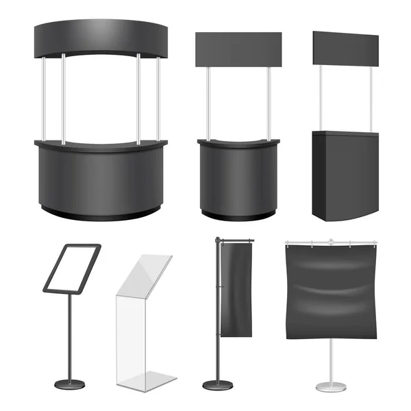 Conjunto de maqueta de stand de exposición negro, ilustración aislada vector — Vector de stock