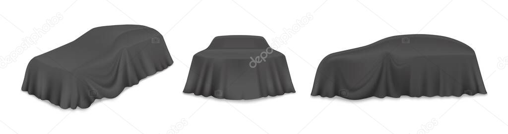 Black car reveal curtain, vector isolated illustration