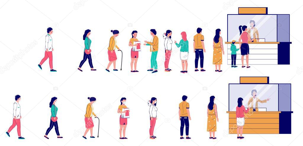 People waiting in line at ticket box, vector flat illustration