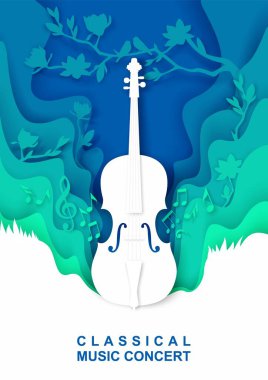 Vektör kağıdı, klasik müzik konseri afiş afişi için el sanatları stili müzik kompozisyonu kesti