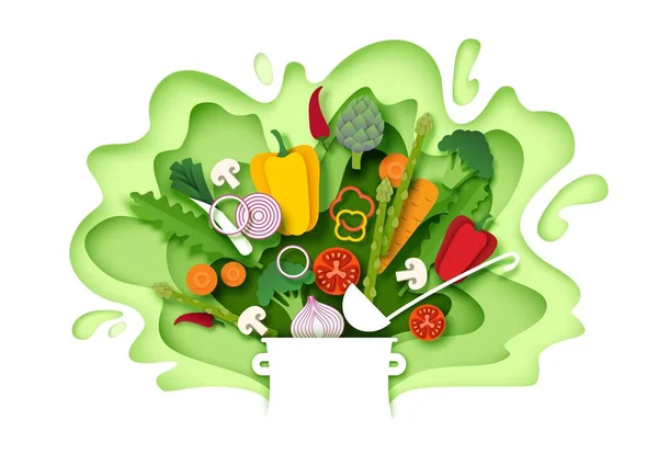 鍋に落ちる新鮮な野菜、ベクトル層状の紙カットスタイルのイラスト — ストックベクタ