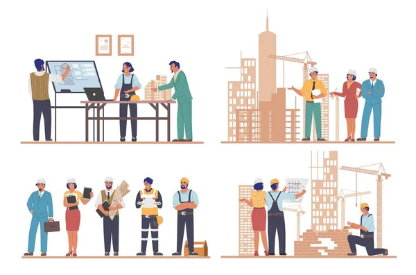 Arquitectos e ingenieros trabajando en el proyecto de arquitectura de edificios modernos de la ciudad, conjunto de ilustración de vectores planos — Vector de stock