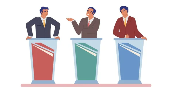 Debate televisivo en vivo, diálogo político entre candidatos, políticos, ilustración vectorial plana aislada — Vector de stock