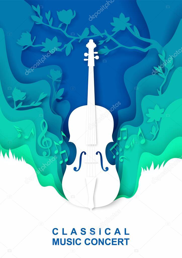 Vector paper cut craft style music composition for violin classical music concert poster banner flyer